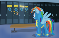 Size: 3021x1958 | Tagged: safe, artist:shutterflyeqd, rainbow dash, pegasus, pony, g4, newbie dash, clothes, cloudsdale, female, lockers, mare, scene interpretation, signature, solo, spread wings, that was fast, wings, wonderbolts uniform