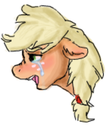 Size: 742x870 | Tagged: safe, artist:graffiti, applejack, g4, crying, female, lowres, sad, simple background, solo
