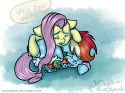 Size: 778x583 | Tagged: safe, artist:amandaam, fluttershy, rainbow dash, tank, pegasus, pony, g4, tanks for the memories, clothes, crying, dashie slippers, hug