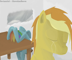 Size: 3000x2500 | Tagged: safe, artist:hawaiianbacon, rainbow dash, spitfire, g4, crying, fanfic art, high res, table