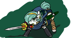 Size: 1500x813 | Tagged: safe, artist:hipsanon, oc, oc only, oc:emerald jewel, colt quest, alternate clothes, boots, cloak, clothes, crossover, crown, earring, eyeshadow, falchion, femboy, fire emblem, hair over one eye, makeup, male, marth, piercing, solo, sword, trap, weapon