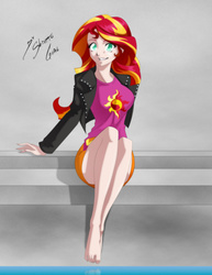 Size: 2503x3240 | Tagged: safe, artist:shinta-girl, sunset shimmer, equestria girls, g4, barefoot, breasts, busty sunset shimmer, clothes, cute, feet, female, grin, high res, human coloration, jacket, leather jacket, legs, looking at you, shimmerbetes, sitting, skirt, smiling, solo