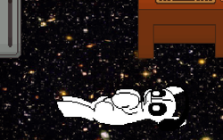 Size: 472x296 | Tagged: safe, ghost, black sclera, headphones, lying, napstablook, on back, ponified, space, undertale