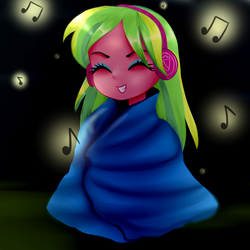 Size: 600x600 | Tagged: dead source, safe, artist:electricshine, lemon zest, equestria girls, g4, my little pony equestria girls: friendship games, alone, blanket, blanket burrito, chibi, crystal prep shadowbolts, cute, dark room, emotional, eyes closed, eyeshadow, female, headphones, makeup, music, music notes, smiling, solo, wrapped up