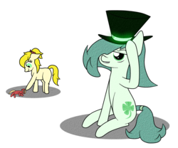Size: 1200x1000 | Tagged: safe, alternate version, artist:680p, oc, oc:emerald jewel, oc:treads, oc:uncle lucky, earth pony, pony, colt quest, adult, alternate timeline, alternate universe, bad end, bags under eyes, brainwashing, child, color, crossover, cutie mark, cyoa:colorblind, cyoa:galloping steel, doll, evil, evil smile, female, filly, glowing eyes, hair over one eye, hat, kidnapped, magic, male, mind control, pimp, pimp hat, ponytail, sex slave, stallion, tail wrap, toy