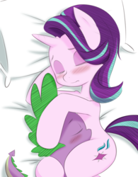 Size: 921x1181 | Tagged: safe, artist:figgot, edit, spike, starlight glimmer, dragon, pony, unicorn, g4, bed, colored, crossed legs, cuddling, cute, duo, duo male and female, eyes closed, female, hug, love, lying down, male, mare, on side, pillow, ship:sparlight, shipping, sleeping, snuggling, straight