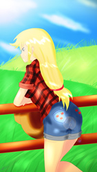 Size: 1080x1920 | Tagged: safe, artist:dieart77, applejack, equestria girls, g4, my little pony equestria girls: rainbow rocks, anime, applebutt, ass, butt, clothes, cowboy hat, crepuscular rays, female, fence, field, freckles, hat, sexy, shorts, solo, stetson