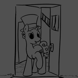 Size: 800x800 | Tagged: safe, artist:alchemyanon, oc, oc:uncle lucky, pony, unicorn, adult, building, crossover, cutie mark, cyoa:alchemy quest, cyoa:colorblind, door, evil, hat, horn, male, monochrome, smiling, stairs, stallion