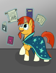 Size: 731x958 | Tagged: safe, artist:koonzypony, sunburst, pony, unicorn, g4, glasses, magazine, magic, male, playcolt, simple background, solo, stallion, sunburst's cloak, sunburst's glasses