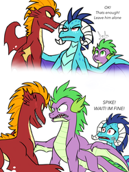 Size: 1536x2048 | Tagged: safe, artist:tamersworld, garble, princess ember, spike, dragon, g4, gauntlet of fire, angry, blushing, comic, female, male, older, older spike, protecting, rivalry, ship:emberspike, shipping, straight, winged spike, wings