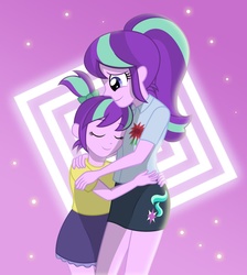 Size: 1024x1143 | Tagged: safe, artist:sumin6301, starlight glimmer, equestria girls, g4, adopted offspring, clothes, cute, double the glimmer, duality, equestria girls-ified, eyes closed, glimmerbetes, glimmerdoption, hug, mama starlight, miniskirt, pigtails, ponytail, self adoption, self paradox, skirt, time paradox, younger