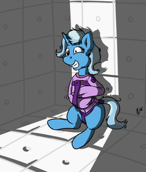Size: 2000x2368 | Tagged: safe, artist:dombrus, trixie, pony, unicorn, g4, asylum, bad end, female, high res, insanity, mismatched eyes, padded cell, solo, straitjacket