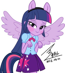 Size: 550x618 | Tagged: safe, artist:bluse, twilight sparkle, equestria girls, g4, background removed, blushing, cutie mark on clothes, female, show accurate, signature, simple background, solo, twilight sparkle (alicorn), white background