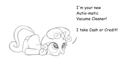 Size: 1191x670 | Tagged: safe, artist:skitt1sh, sweetie belle, g4, carlos in the comments, dialogue, female, monochrome, scootie belle, sketch, solo, traditional art