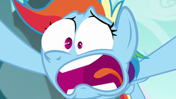 Size: 1280x720 | Tagged: safe, screencap, rainbow dash, g4, no second prances, face, faic, female, open mouth, rainbow dash is best facemaker, reaction, reaction image, shocked, solo, teeth, tongue out