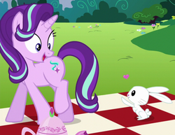 Size: 594x459 | Tagged: safe, screencap, angel bunny, starlight glimmer, pony, rabbit, g4, no second prances, cropped, female, happy, heart, interspecies, love, male, ship:starbunny, shipping, smiling, straight