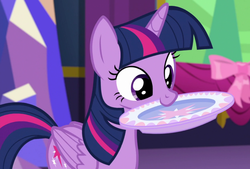 Size: 1248x843 | Tagged: safe, screencap, twilight sparkle, alicorn, pony, g4, no second prances, cute, female, looking down, mare, mouth hold, nom, plate, proper silverware placement, smiling, solo, twiabetes, twilight sparkle (alicorn)