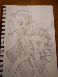 Size: 960x1280 | Tagged: safe, artist:dstears, starlight glimmer, trixie, pony, unicorn, g4, bunny ears, cape, clothes, cufflinks, cuffs (clothes), duo, female, hat, mare, monochrome, pencil drawing, sketch, sketchbook, traditional art, trixie's cape, trixie's hat