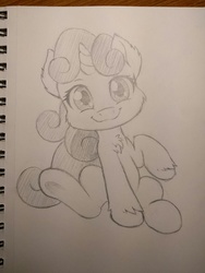 Size: 960x1280 | Tagged: safe, artist:dstears, sweetie belle, g4, cheek fluff, chest fluff, cute, diasweetes, ear fluff, female, fluffy, looking at you, monochrome, pencil drawing, sketch, sketchbook, solo, traditional art, unshorn fetlocks