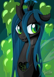 Size: 1447x2047 | Tagged: safe, artist:mysticalpha, queen chrysalis, changeling, changeling queen, g4, female, heartless, literal, looking at you, smiling, solo