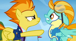 Size: 853x469 | Tagged: safe, screencap, lightning dust, spitfire, pony, g4, wonderbolts academy, bitchfire, duckery in the comments, expelled, fired, floppy ears, lip bite, nose wrinkle, pointing