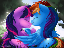 Size: 2700x2000 | Tagged: safe, artist:nobody47, rainbow dash, twilight sparkle, alicorn, pegasus, pony, g4, butt, cute, dashabetes, duo, duo female, eyes closed, female, grass, high res, hoof hold, lesbian, mare, nose kiss, nuzzling, outdoors, plot, ship:twidash, shipping, tail, tree, twiabetes, twilight sparkle (alicorn), underhoof