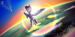 Size: 1440x720 | Tagged: safe, artist:justafallingstar, oc, oc only, pegasus, pony, city, horizon, lens flare, requested art, sky, skydive, solo, sunset, vertigo