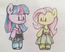 Size: 905x728 | Tagged: safe, artist:buttersprinkle, fluttershy, twilight sparkle, semi-anthro, g4, bipedal, chibi, clothes, cute, dress, pleated skirt, shoes, skirt, socks, traditional art
