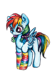 Size: 740x980 | Tagged: safe, artist:buttersprinkle, derpibooru exclusive, rainbow dash, g4, alternate hairstyle, clothes, female, pigtails, rainbow socks, socks, solo, striped socks, traditional art