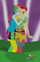 Size: 1700x2677 | Tagged: safe, artist:final7darkness, applejack, fluttershy, pinkie pie, rainbow dash, rarity, sunset shimmer, twilight sparkle, equestria girls, g4, my little pony equestria girls: rainbow rocks, clothes, female, freckles, giantess, kissing, lesbian, macro, one eye closed, rainbow rocks outfit, request, scene interpretation, ship:appledash, shipping, twilight sparkle (alicorn), welcome to the show