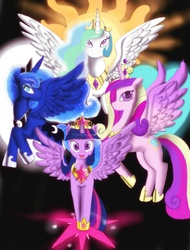 Size: 1947x2560 | Tagged: safe, artist:princessrosemcmitten, princess cadance, princess celestia, princess luna, twilight sparkle, alicorn, pony, g4, alicorn tetrarchy, female, mare, royal sisters, spread wings, twilight sparkle (alicorn)