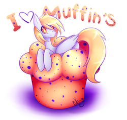 Size: 1643x1555 | Tagged: safe, artist:kousagi-hime, derpy hooves, pegasus, pony, g4, female, food, giant muffin, mare, muffin, prone, solo, that pony sure does love muffins