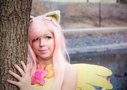 Size: 1024x725 | Tagged: safe, artist:tinemarieriis, fluttershy, human, g4, clothes, cosplay, costume, irl, irl human, photo, solo, tree
