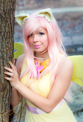 Size: 640x933 | Tagged: safe, artist:tinemarieriis, fluttershy, human, g4, clothes, cosplay, costume, element of kindness, irl, irl human, photo, solo, tree