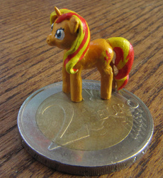 Size: 923x1003 | Tagged: safe, artist:soobel, sunset shimmer, pony, unicorn, g4, clay, coin, craft, euro, female, irl, photo, sculpture, solo, tiny, tiny ponies, traditional art