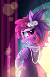 Size: 800x1227 | Tagged: safe, artist:jorobro, berry punch, berryshine, earth pony, pony, g4, berrybetes, bipedal, blushing, clothes, cute, dress, female, grin, looking back, pearl, solo, underhoof