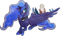 Size: 2622x1570 | Tagged: safe, artist:tiothebeetle, princess luna, bird, blue jay, owl, g4, female, prone, simple background, solo, spread wings, transparent background