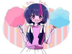 Size: 600x451 | Tagged: safe, artist:lotte, twilight sparkle, equestria girls, g4, clothes, cotton candy, cute, female, food, humanized, pigtails, solo, twiabetes, twilight sparkle (alicorn)