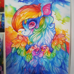 Size: 500x500 | Tagged: safe, artist:suippumato, rainbow dash, g4, color porn, colorful, creepy, female, looking back, rapeface, solo, traditional art