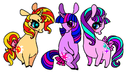 Size: 632x363 | Tagged: safe, artist:suippumato, starlight glimmer, sunset shimmer, twilight sparkle, pony, unicorn, g4, chubby, counterparts, magical trio, tail bow, twilight's counterparts