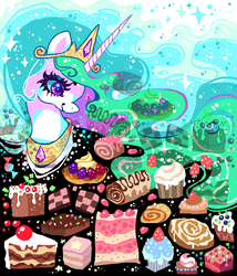 Size: 666x777 | Tagged: safe, artist:suippumato, princess celestia, g4, cake, cakelestia, candy, cinnamon bun, cookie, cupcake, female, food, solo, sweets