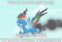 Size: 698x483 | Tagged: safe, edit, edited screencap, screencap, rainbow dash, g4, newbie dash, image macro, meme, misspelling, singed, wonderbolts, wonderbolts uniform