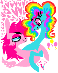 Size: 378x475 | Tagged: safe, artist:suippumato, pinkie pie, rainbow dash, g4, female, heart, lesbian, palette swap, ship:pinkiedash, shipping