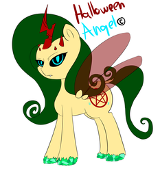 Size: 1459x1564 | Tagged: safe, artist:jonathan the awesome, derpibooru exclusive, oc, oc only, oc:halloween angel, alicorn, bat pony, changeling, pony, alicorn oc, black sclera, colored hooves, copyright, crystal hooves, donut steel, fangs, pentagram, solo, sparkly hooves, standing, transparent wings, unshorn fetlocks, wings