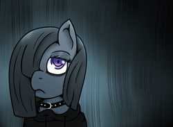 Size: 1000x732 | Tagged: safe, artist:lazerblues, marble pie, g4, clothes, collar, female, hair over one eye, hoodie, lonely inky, solo