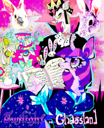 Size: 590x720 | Tagged: safe, artist:suippumato, applejack, discord, pinkie pie, spike, twilight sparkle, g4, alice in wonderland, clothes, crossdressing, crown, dress, hat, jewelry, mad hatter, psychedelic, queen of hearts, regalia, top hat, wat