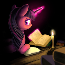 Size: 1024x1024 | Tagged: safe, artist:1nakir1, twilight sparkle, alicorn, pony, g4, book, candle, dark, female, magic, mare, reading, solo, television, twilight sparkle (alicorn)