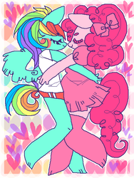 Size: 450x600 | Tagged: safe, artist:suippumato, pinkie pie, rainbow dash, anthro, unguligrade anthro, g4, clothes, female, hug, lesbian, ship:pinkiedash, shipping