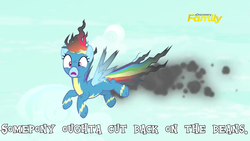 Size: 1920x1080 | Tagged: safe, edit, edited screencap, screencap, rainbow dash, pegasus, pony, g4, newbie dash, caption, discovery family logo, fart joke, female, image macro, implied farting, mare, meme, singed, text, wonderbolts uniform