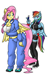 Size: 800x1200 | Tagged: safe, artist:mad'n evil, part of a set, fluttershy, rainbow dash, anthro, plantigrade anthro, g4, abs, belly button, big breasts, breasts, busty fluttershy, chubby, cleavage, delicious flat chest, diet gum, female, food, gum, midriff, part of a series, tight clothing, tracksuit